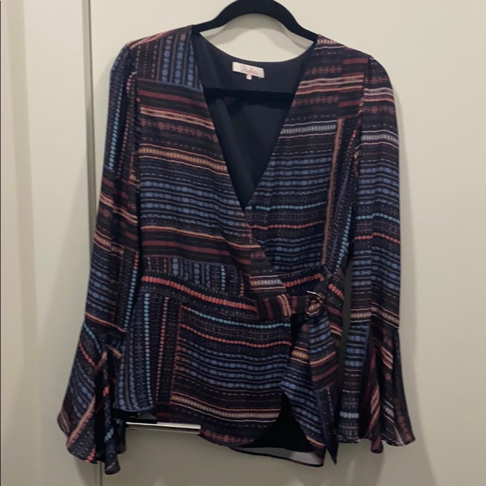 Parker colorful peplum wrap blouse w/ bell sleeve